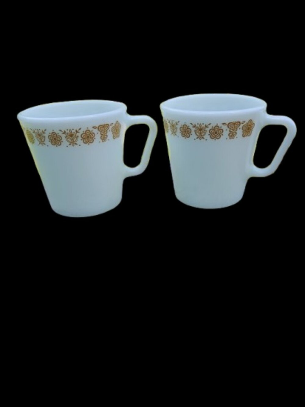 vintage pyrex white milk glass gold butterfly pattern coffee mugs made in USA